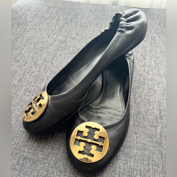 Tory Burch Black Leather Reva Logo Ballet Flats - Size 9 - Picture 14 of 14